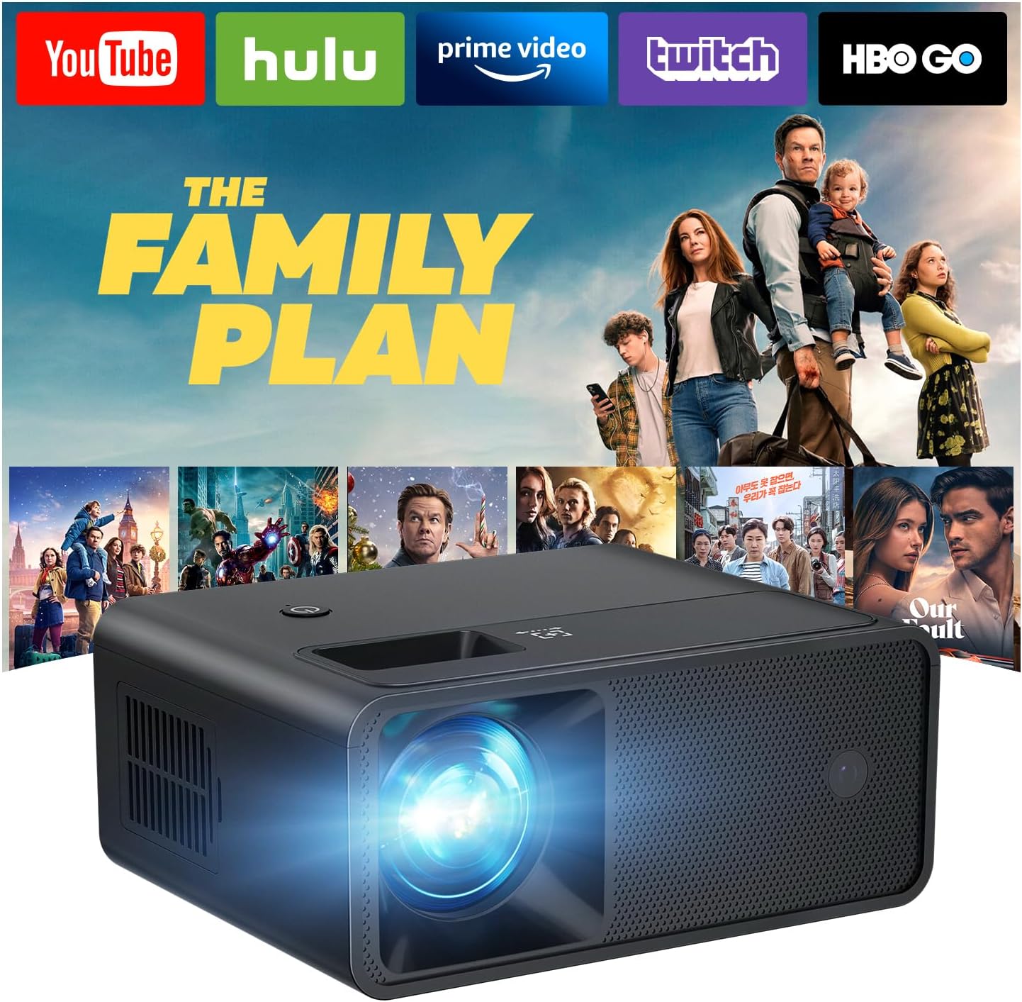 CiBest Mini Projector in black, showing a movie on a projected screen behind it