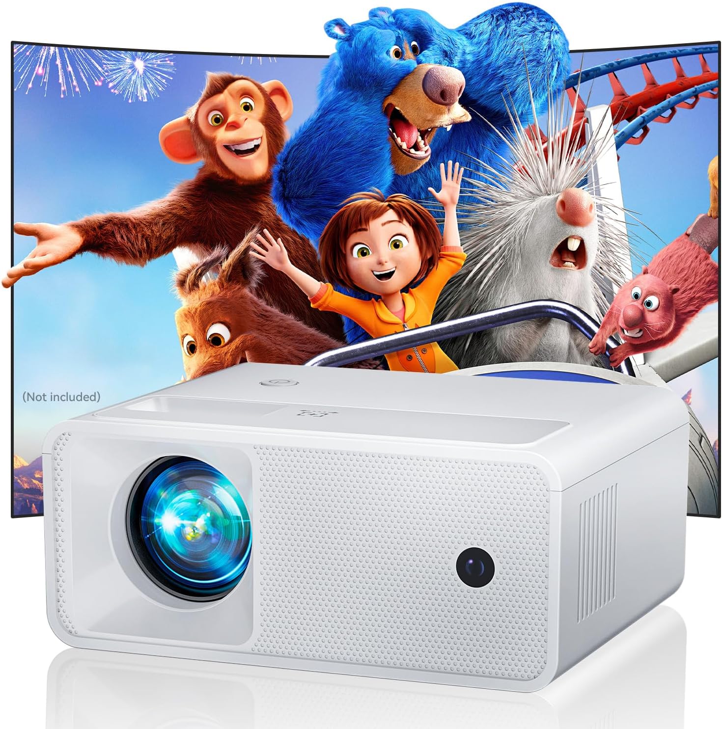 CiBest Portable Mini Projector in white with an animated film projected on the screen behind it