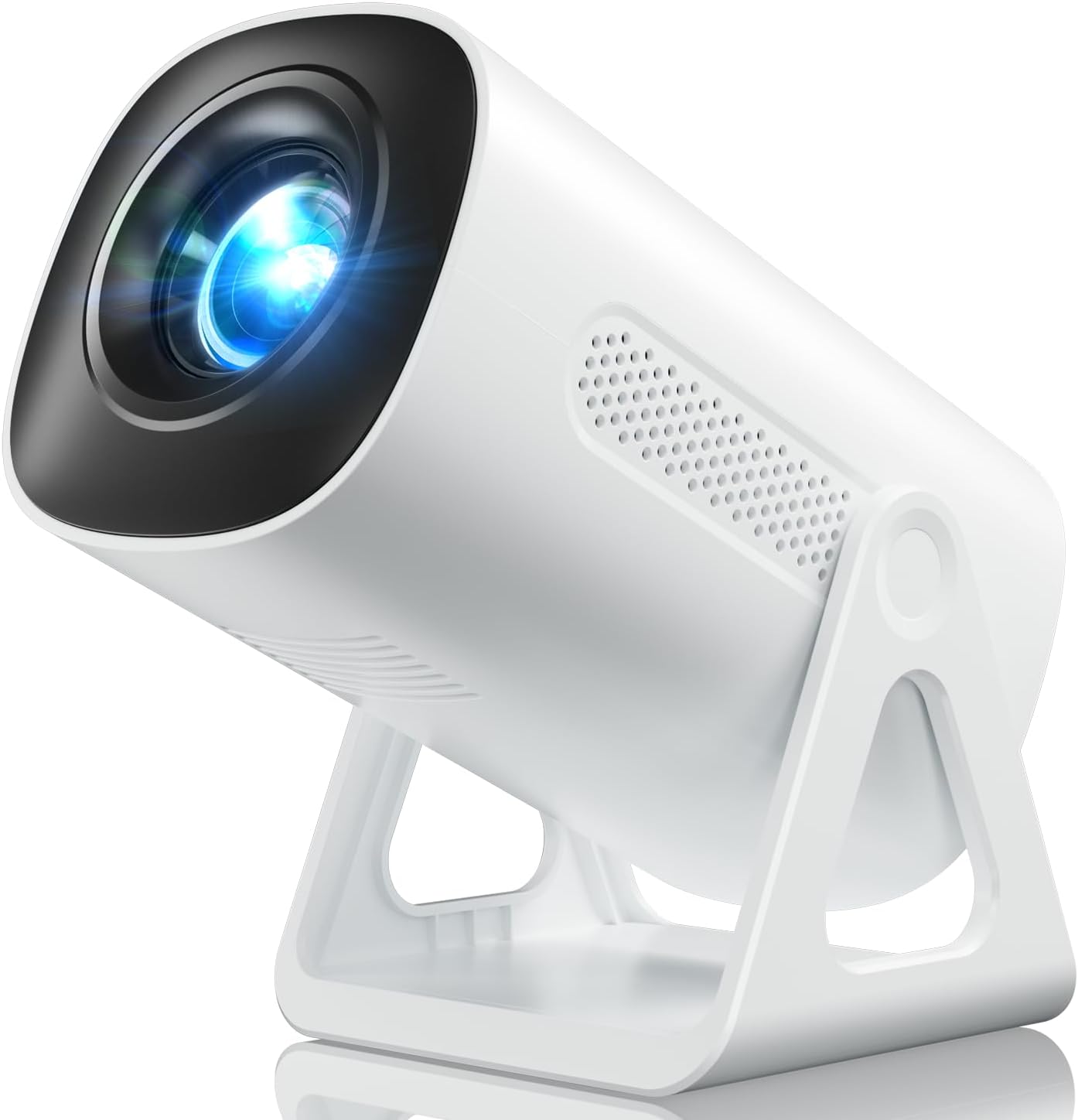 White cylindrical CiBest smart projector on a tilting stand with the lens lit blue