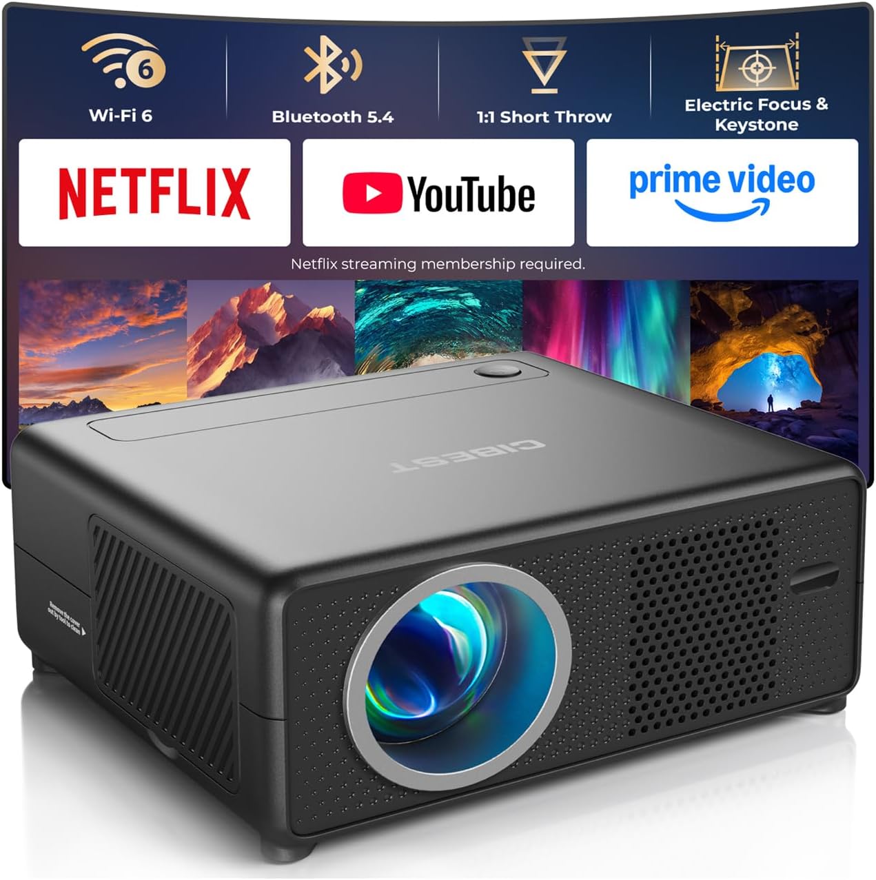 CiBest Smart Short Throw Projector in black with Wi-Fi 6, Bluetooth 5.4 and electric focus badges